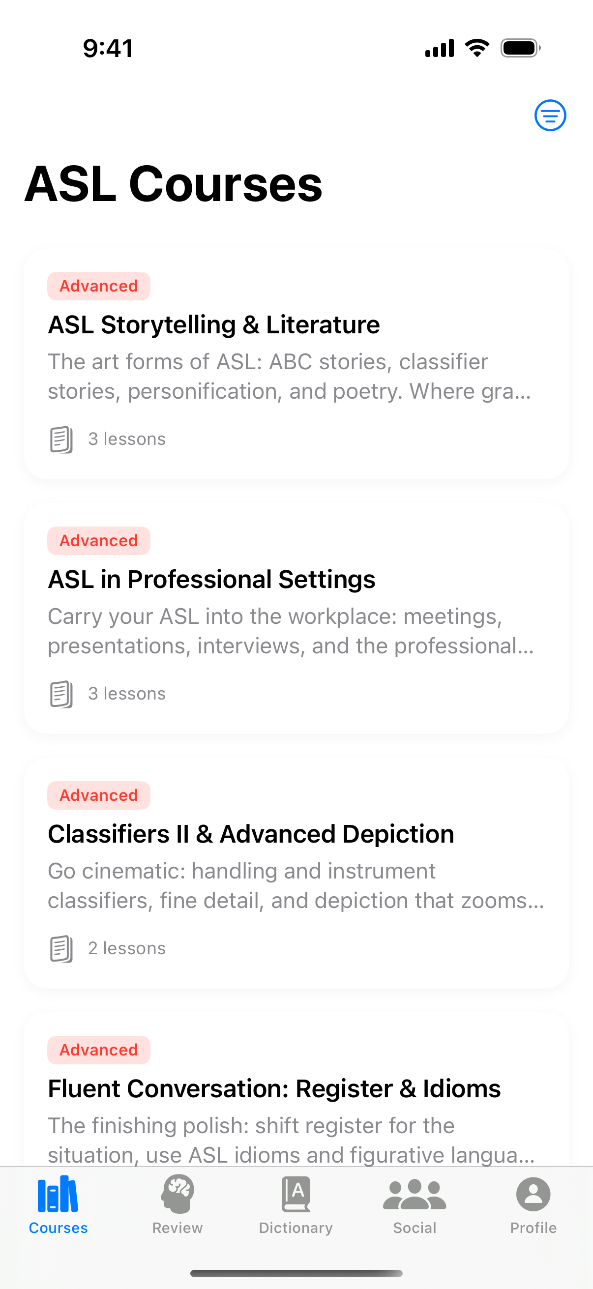 ASL Buddy course catalog