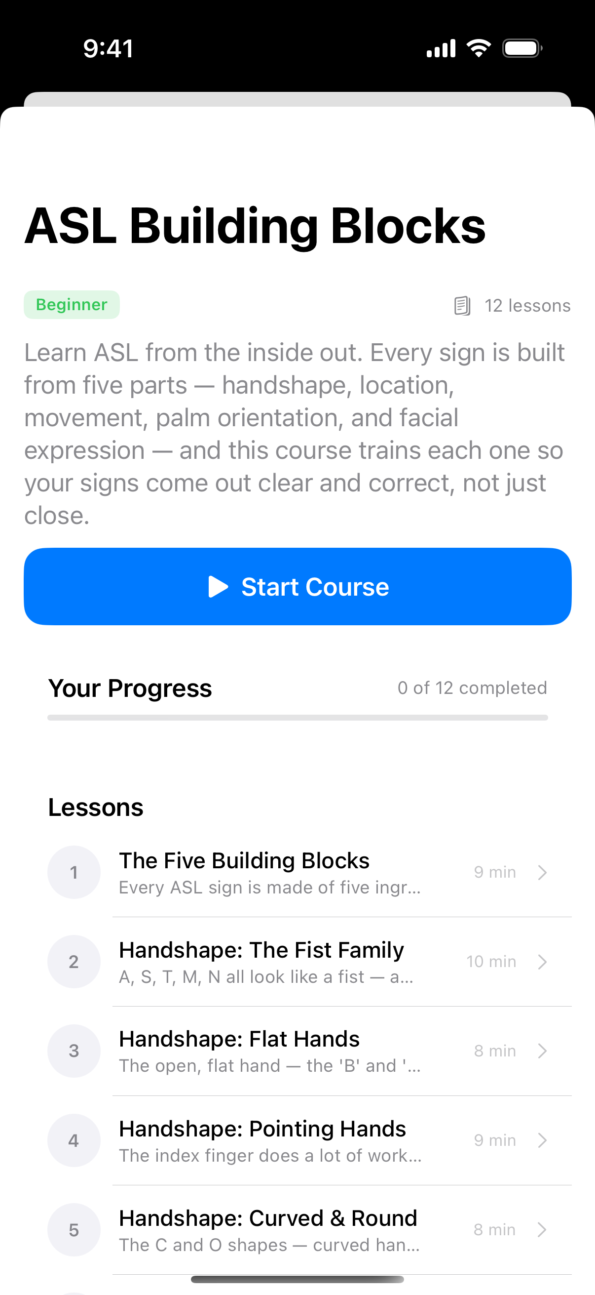 An ASL Buddy course with its ordered lessons